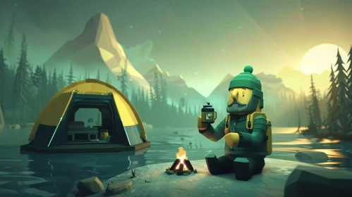 Cartoon Man Camping in Wilderness
