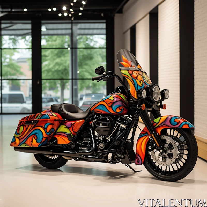 Colorful Motorcycle with Vibrant Paint Job in Spacious Room AI Image