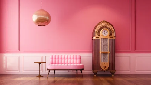 Cozy Retro Living Room with Pink Walls and Brown Furniture