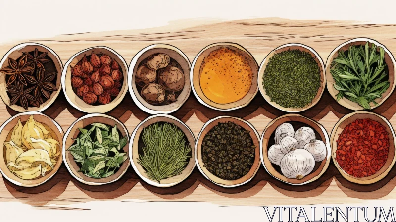 Exquisite Display of Spices and Herbs in 10 Bowls AI Image