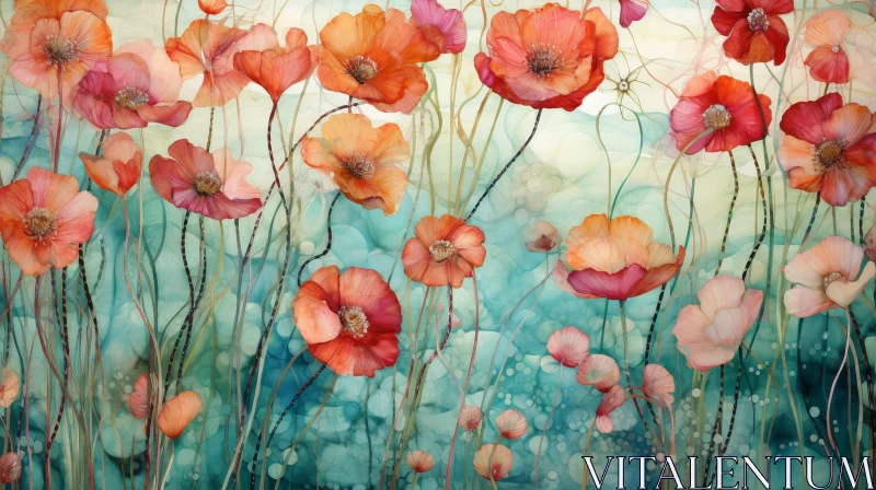 Red and Orange Poppies Watercolor Painting in Field AI Image