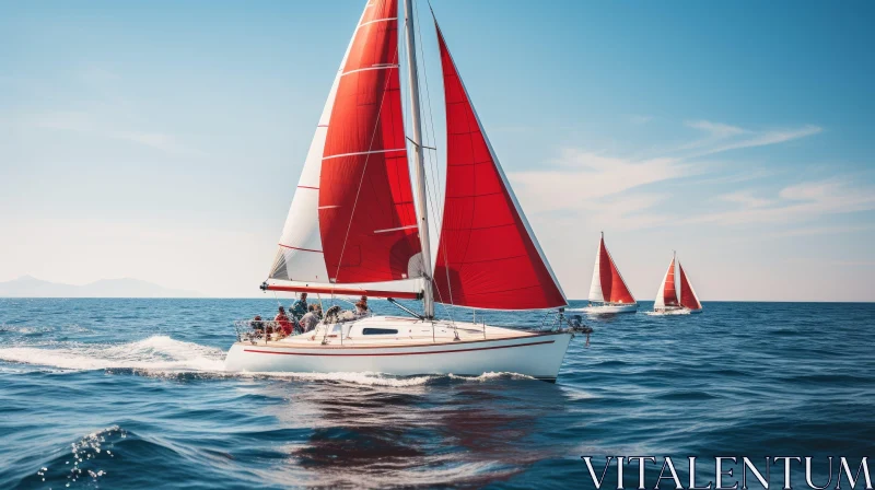 AI ART Red Sailing Yacht in Blue Waters