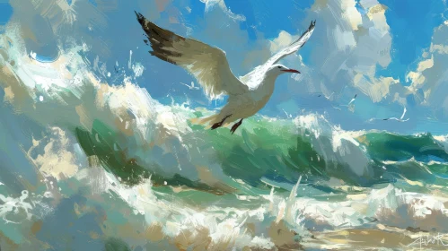 Seagull Flying Over Rough Sea Painting