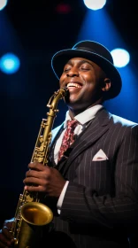 Smiling Jazz Musician Playing Saxophone in Black Suit