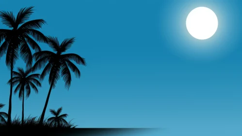 Tranquil Night Landscape with Silhouetted Palm Tree and Moon
