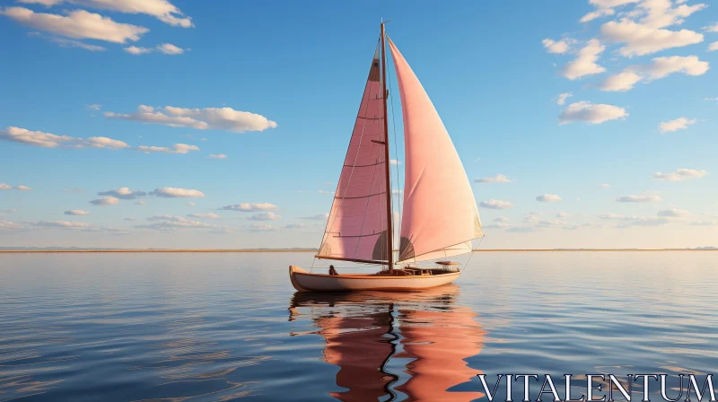 AI ART Tranquil Sailboat on Calm Sea with Pink Sail