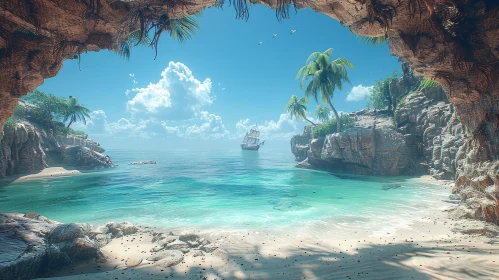 Tranquil Tropical Beach Scene with Sailing Ship