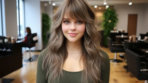 Young Woman with Wavy Hair in Green Sweater at Hair Salon