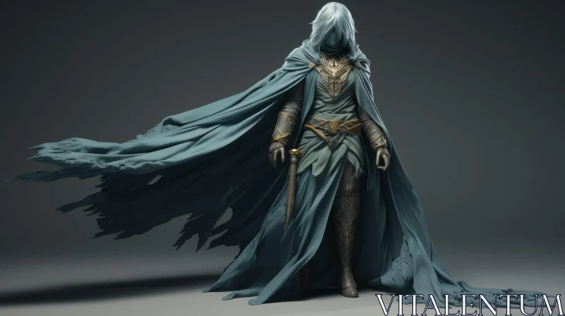 Blue Cloak Male Character in Dark Room - 3D Rendering AI Image