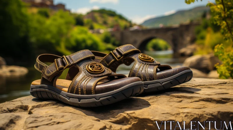AI ART Brown Leather Sandals with Golden Buckle by the River