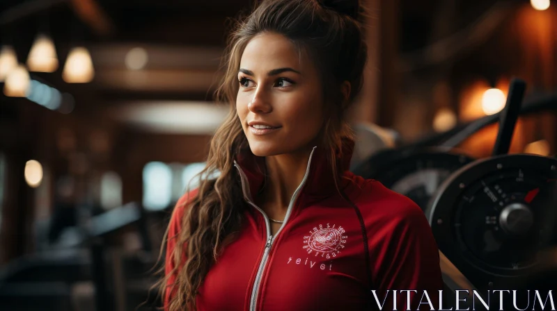 Confident Young Woman Portrait in Red Tracksuit AI Image