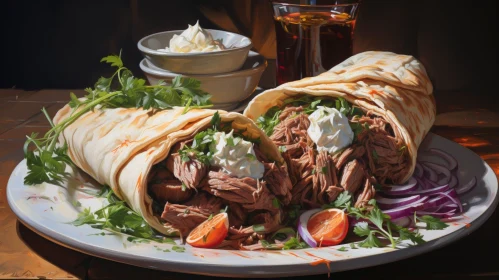 Delicious Shawarma Still Life on Wooden Table