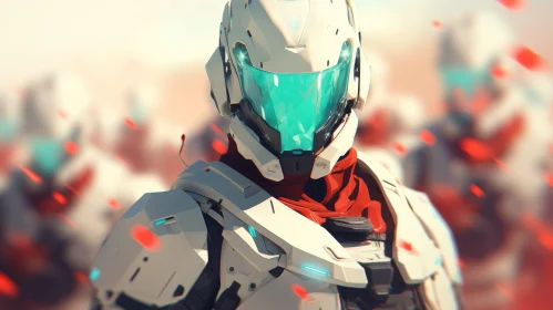 Futuristic Soldier in White Powered Armor on Battlefield
