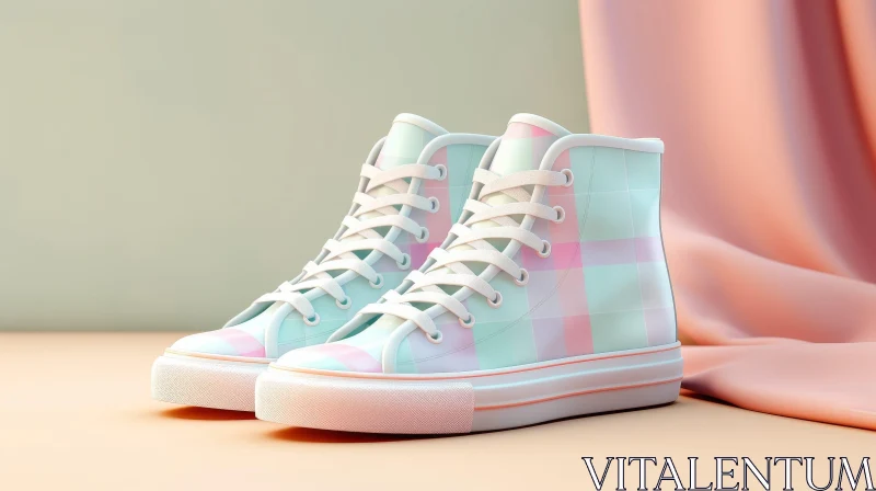 Light Blue & Pink Checkered High-Top Sneakers on Pink Surface AI Image