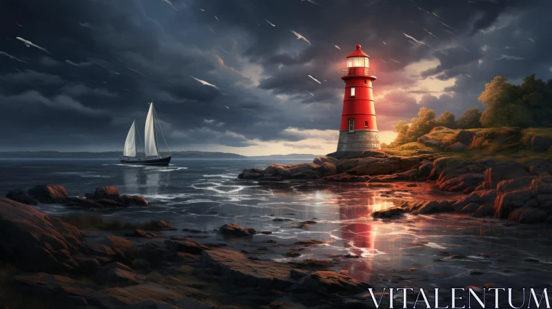 Lighthouse Painting on Rocky Coast AI Image