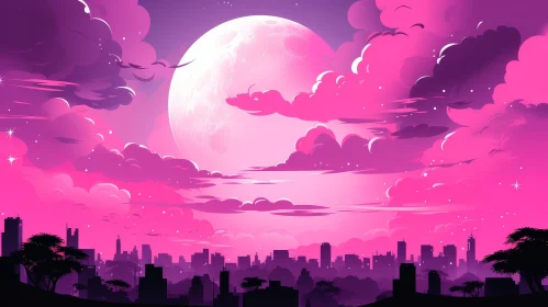 Pink Cityscape at Night with Moon