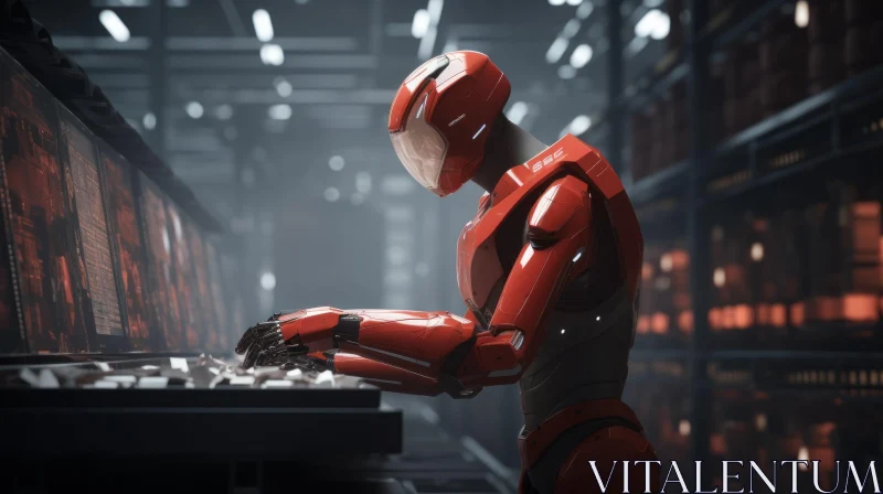 Red Robot in Armor: Futuristic 3D Rendering AI Image