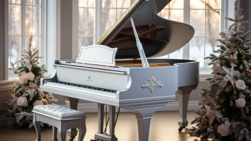 Silver Grand Piano in Bright Room with Christmas Trees