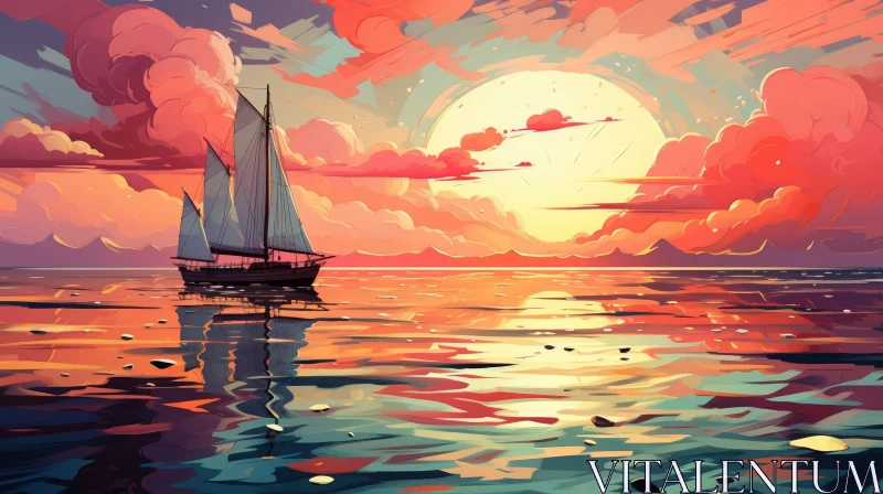 AI ART Tranquil Seascape Painting with Sunset and Sailboat