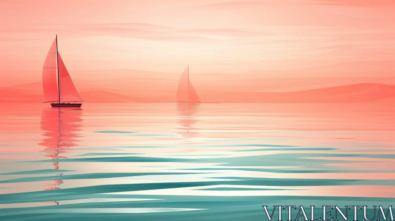 AI ART Tranquil Sunset Seascape with Sailboats