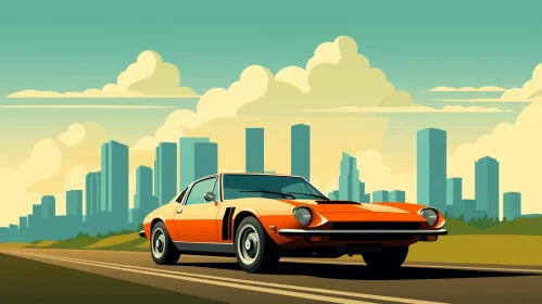 Vintage Orange Sports Car on Road with City Buildings | 2D Game Art