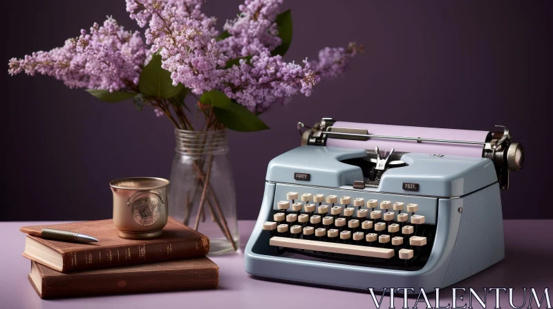 AI ART Vintage Typewriter and Lilac Flowers Still Life Composition