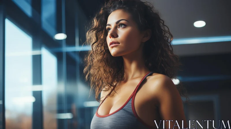AI ART Beautiful Woman with Curly Hair in Gray Sports Bra