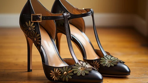Black Leather High Heel Shoes with Floral Appliques on Wooden Surface