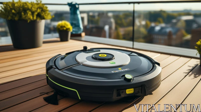 Efficient Black and Green Robot Vacuum Cleaner on Wooden Floor AI Image