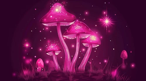 Enchanting Pink Glowing Mushrooms in Dark Forest
