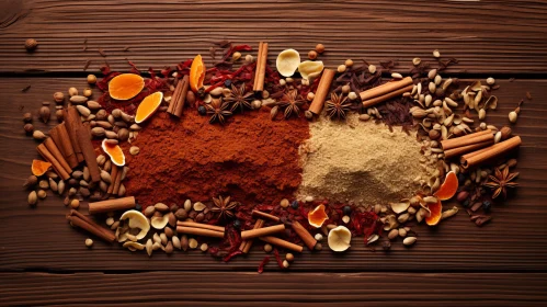 Exquisite Spice and Nut Flat Lay Composition on Wooden Background