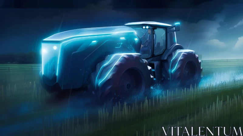 AI ART Futuristic Tractor Driving Through Night Field