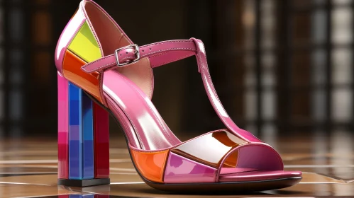 Multicolored High-Heeled Women's Shoe on Reflective Surface