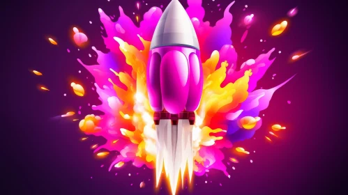Pink Rocket Ship Launching from Colorful Explosion
