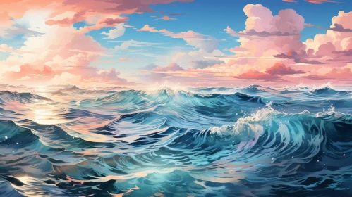 Tranquil Seascape with Powerful Waves and Colorful Sky