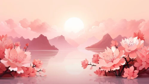 Tranquil Sunset Landscape with Lake and Cherry Blossoms