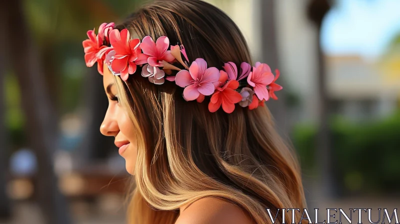 Tropical Fashion: Young Woman with Flowers AI Image