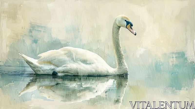 White Swan on Tranquil Lake Painting AI Image