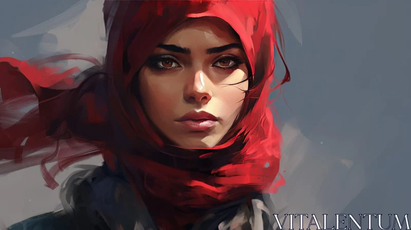 AI ART Young Woman Portrait in Red Hijab