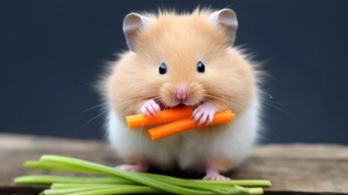 Curious Hamster Eating Carrots on Wooden Table