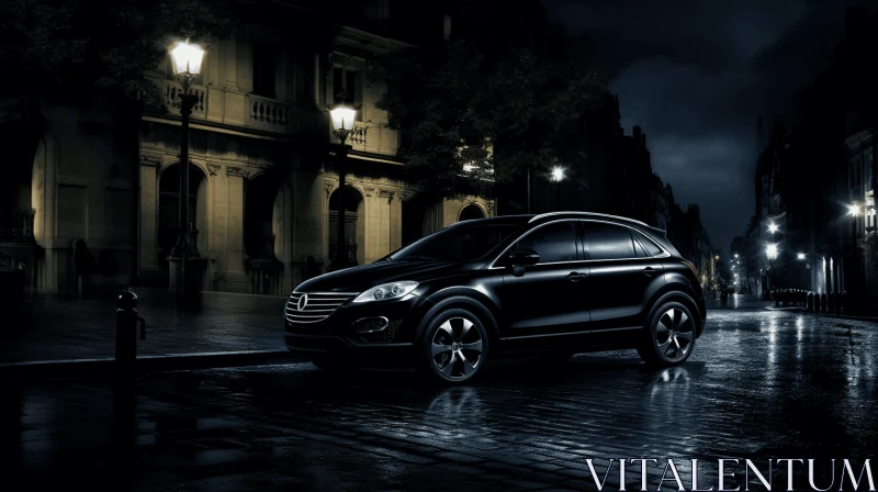 Elegantly Black SUV Glides Through the Night Streets AI Image