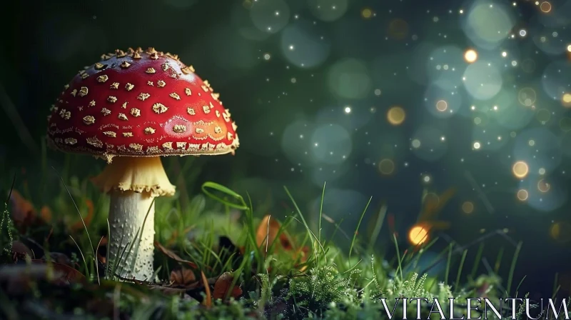 Red and White Toadstool Mushroom in Dark Forest AI Image