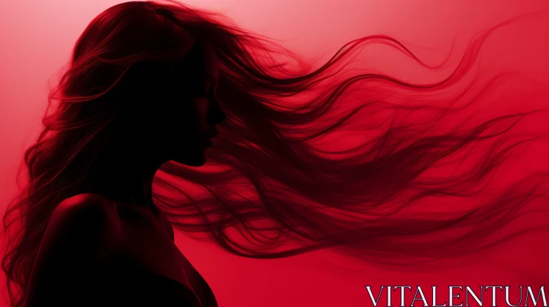 AI ART Red Silhouette of Woman with Flowing Hair