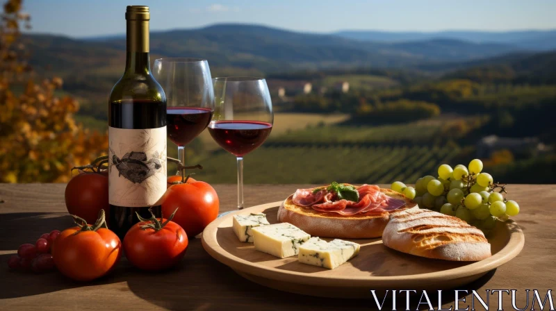 Rustic Wine and Cheese Table Setting with Scenic View AI Image