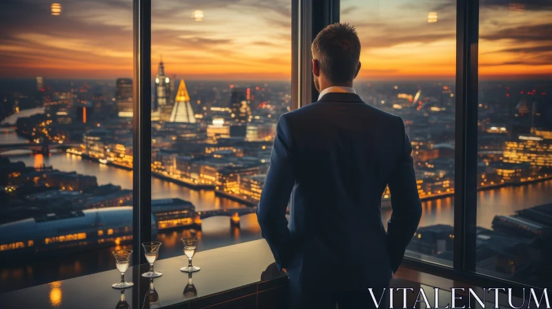 Urban Sunset: Man in Suit at Cityscape Window AI Image