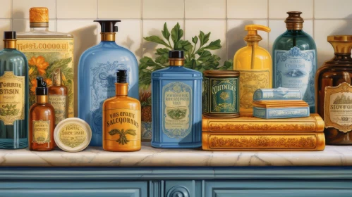 Vintage Beauty Products Still Life on Marble Shelf