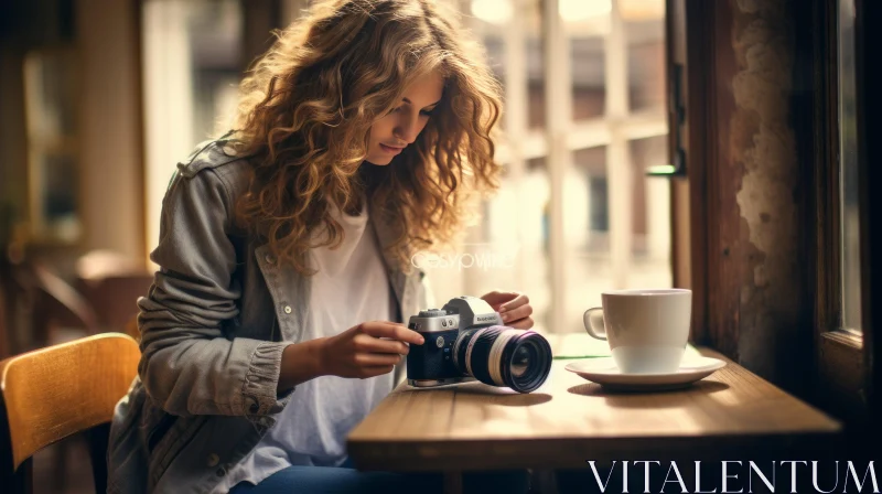 Young Woman in Cafe with Vintage Camera AI Image