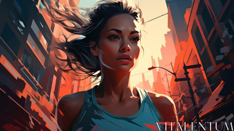 Young Woman Running in Vibrant Urban Cityscape AI Image