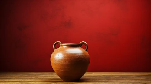 Clay Jug Still Life on Wooden Table with Red Background