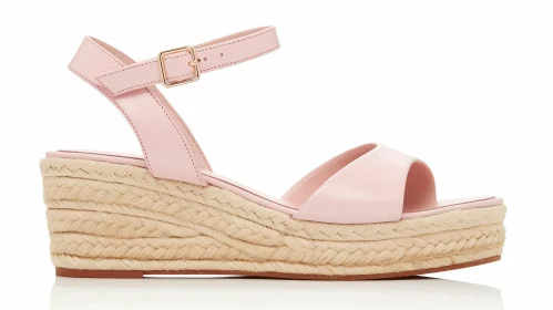 Light Pink Leather Sandals with Woven Jute Rope Wedge Heel